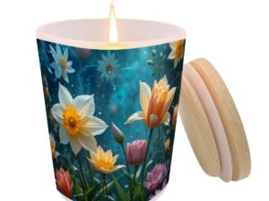 Frosted Jar Scented Candle with Lid (6oz) Happy Easter 3 Daffodils Tulips 1a