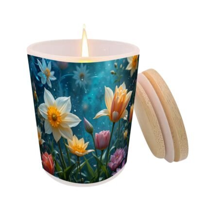 Frosted Jar Scented Candle with Lid (6oz) Happy Easter 3 Daffodils Tulips 1a