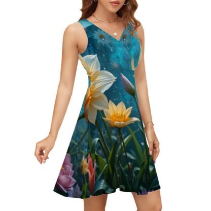 Sleeveless V Neck Dress Daffodils Tulips 1 - Image 2