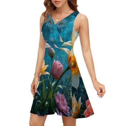 Sleeveless V Neck Dress Daffodils Tulips 1 - Image 5