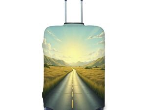 Scenic road luggage cover with sunset and golden fields on a suitcase