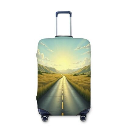 Scenic road luggage cover with sunset and golden fields on a suitcase