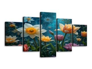 5 Panels Canvas Prints Wall Art Daffodils Tulips 1a