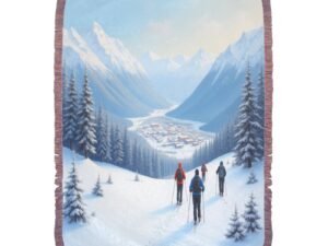 "Skiing 1" Ultra-Soft Mixed Pink Fringe Blanket