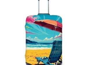 Tropical beach luggage cover with chair and umbrella on a suitcase