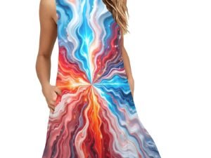 Vibrant A-line style loose sleeveless dress with pockets and a round neckline in a soft stretchy fabric. This stylish and comfortable dress has an all-over print in a mix of red, orange, pinks, lilac, white, and blues in wavy lines radiating out from the middle in an abstract art design.