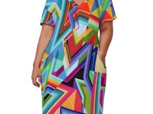 Loose Dress with pockets, short sleeves, V-neck, comfortable dress with an all-over print in a mix of colors arranged in overlapping Vs, lines and blocks. The dress slips on and off over the head easily. Most colors are used with different shades of blue running in thin lines next to each other crossing over cherry red, orange, lilac, green, yellow.