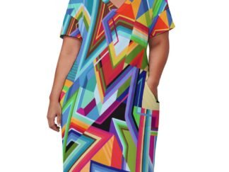 Loose Dress with pockets, short sleeves, V-neck, comfortable dress with an all-over print in a mix of colors arranged in overlapping Vs, lines and blocks. The dress slips on and off over the head easily. Most colors are used with different shades of blue running in thin lines next to each other crossing over cherry red, orange, lilac, green, yellow.