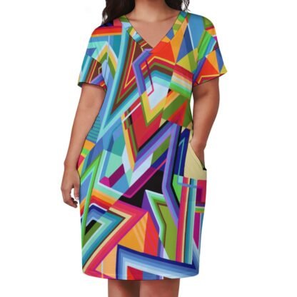 Loose Dress with pockets, short sleeves, V-neck, comfortable dress with an all-over print in a mix of colors arranged in overlapping Vs, lines and blocks. The dress slips on and off over the head easily. Most colors are used with different shades of blue running in thin lines next to each other crossing over cherry red, orange, lilac, green, yellow.