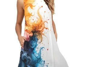 Interesting A-line style loose sleeveless mid-length dress with pockets and a round neckline in a soft stretchy fabric. This stylish and comfortable dress has an all-over print in a mix of orange, pink and blue in wavy swirling lines flowing like watercolors onto a white background in an abstract art design.