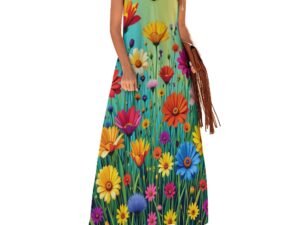 Bold colorful wildflowers on grass Ankle Long Dress with thin shoulder straps, ideal for summer, parties, dinners, travel