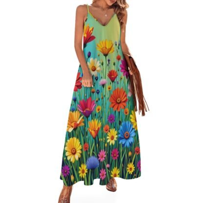 Bold colorful wildflowers on grass Ankle Long Dress with thin shoulder straps, ideal for summer, parties, dinners, travel