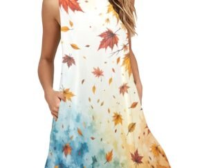 Flattering A-line style loose sleeveless mid-length dress with pockets and a round neckline in a soft stretchy fabric. This stylish and comfortable dress has an all-over print in a mix of orange, yellow, pink, brown stems and autumn or fall leaves gently falling against a white background.