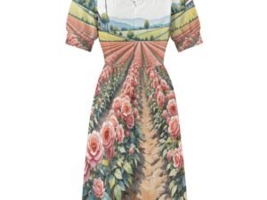 Soft floral dress with short sleeves, fitted bodice, open squarish neckline, gathered skirt, back zipper knee-length dress with an all-over print of pinkish roses with green foliage growing in rows towards the horizon with brown earth between the rows of roses and green farms beyond.