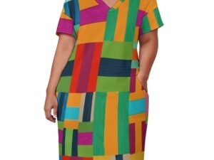 Loose Dress with pockets, short sleeves, V-neck, comfortable dress with an all-over print in a mix of colors arranged in rectangular blocks. The dress slips on and off over the head easily. The colors are blue, cherry red, green, goldish yellow, magenta, dark blue, aqua, taupe.