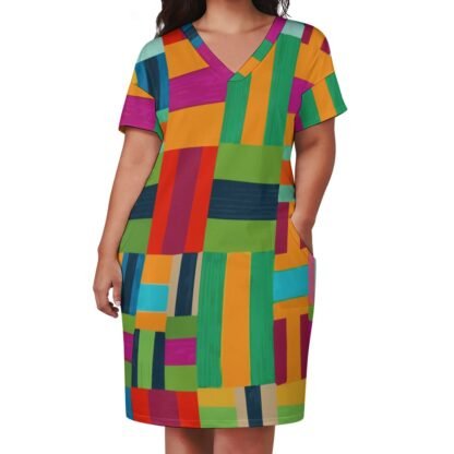 Loose Dress with pockets, short sleeves, V-neck, comfortable dress with an all-over print in a mix of colors arranged in rectangular blocks. The dress slips on and off over the head easily. The colors are blue, cherry red, green, goldish yellow, magenta, dark blue, aqua, taupe.