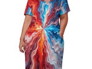 Vibrant loose dress with pockets, short sleeves, V-neck, comfortable dress with an all-over print in a mix of red, orange, pinks, lilac, white, and blues in wavy lines radiating out from the middle. The dress slips on and off over the head easily. It is very flattering to all figures.