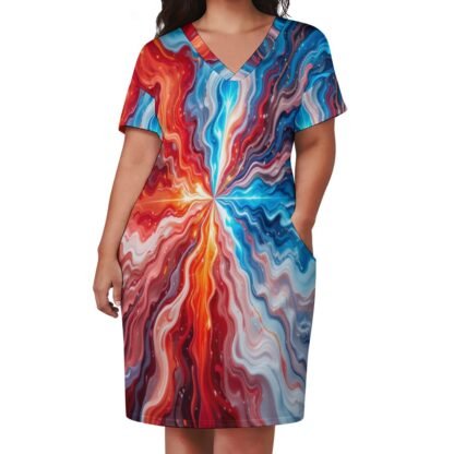 Vibrant loose dress with pockets, short sleeves, V-neck, comfortable dress with an all-over print in a mix of red, orange, pinks, lilac, white, and blues in wavy lines radiating out from the middle. The dress slips on and off over the head easily. It is very flattering to all figures.