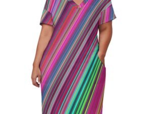 Loose Dress with pockets, short sleeves, V-neck, comfortable dress with an all-over print in a mix of colors arranged in long diagonal stripes of different widths. The dress slips on and off over the head easily. The colors are blue, gray, taupe, maroon, lilac, magenta, cherry red, bright pink, bright green, dark green in random order. It is very flattering to all figures.