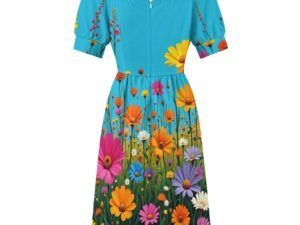 Bright floral dress with short sleeves, fitted bodice, open squarish neckline, gathered skirt, back zipper knee-length dress with an all-over print of yellow, orange, cerise and white flowers with green grass and a bright blue sky background.