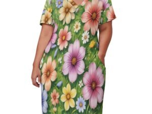 Happy loose dress with pockets, short sleeves, V-neck, comfortable dress with an all-over print of yellow, orange, lilac, white and yellow, and blue flowers on a green grass background. The dress slips on and off over the head easily. It is very flattering to all figures.