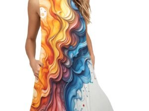 Interesting A-line style loose sleeveless mid-length dress with pockets and a round neckline in a soft stretchy fabric. This stylish and comfortable dress has an all-over print in a mix of orange, yellow, pink, lilac, mauve and blues in wavy swirling lines flowing like watercolors onto a white background in an abstract art design diagonally from left shoulder to the right at the hem.