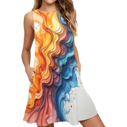Interesting A-line style loose sleeveless mid-length dress with pockets and a round neckline in a soft stretchy fabric. This stylish and comfortable dress has an all-over print in a mix of orange, yellow, pink, lilac, mauve and blues in wavy swirling lines flowing like watercolors onto a white background in an abstract art design diagonally from left shoulder to the right at the hem.