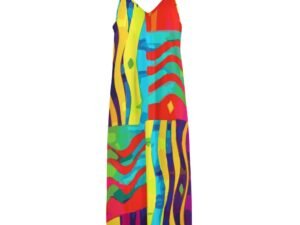 Bold colorful geometric wavey lines on contrasting color blocks all-over print on an Ankle Long Dress with thin shoulder straps, ideal for summer, parties, dinners, travel. The colors are yellow, light blue, green, tangerine, purple and magenta in random places.