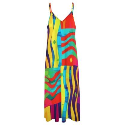 Bold colorful geometric wavey lines on contrasting color blocks all-over print on an Ankle Long Dress with thin shoulder straps, ideal for summer, parties, dinners, travel. The colors are yellow, light blue, green, tangerine, purple and magenta in random places.