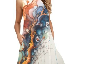 Unusual A-line style loose sleeveless mid-length dress with pockets and a round neckline in a soft stretchy fabric. This stylish and comfortable dress has an all-over print in a mix of orange, yellow, pink, lilac, mauve and blues in bubbles and wavy swirling lines flowing like watercolors onto a white background in an abstract art design diagonally from left shoulder to the right at the hem.