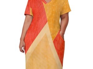 Stunning loose dress with pockets, short sleeves, V-neck, comfortable dress with an all-over print in a mix of orange, goldish yellow and pale yellow colors arranged in triangles with an inverted V between them. The dress slips on and off over the head easily. It is very flattering to all figures.