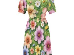 Happy floral dress with short sleeves, fitted bodice, open squarish neckline, gathered skirt, back zipper knee-length dress with an all-over print of yellow, orange, lilac, white and yellow, and blue flowers on a green grass background.