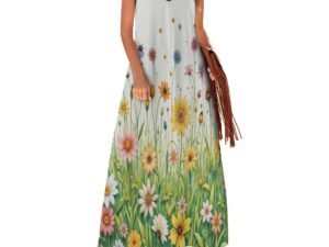Beautiful fresh bright wildflowers on grass with a white background Ankle Long Dress with thin shoulder straps, ideal for summer, parties, dinners, travel