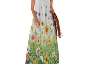 Beautiful fresh bright wildflowers on grass with a white background Ankle Long Dress with thin shoulder straps, ideal for summer, parties, dinners, travel