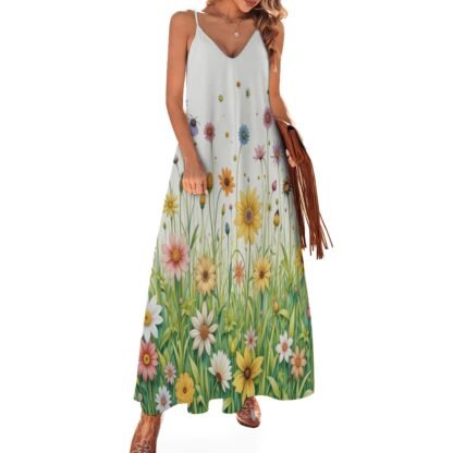 Beautiful fresh bright wildflowers on grass with a white background Ankle Long Dress with thin shoulder straps, ideal for summer, parties, dinners, travel