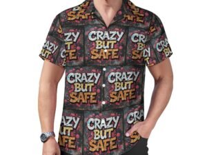 Crazy But Safe 2 all-over print in graffiti style Men`s Cuban Collar Shirt in dark gray background with yellow and white letters with bold black outlines and pink shadows