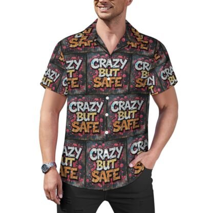 Crazy But Safe 2 all-over print in graffiti style Men`s Cuban Collar Shirt in dark gray background with yellow and white letters with bold black outlines and pink shadows