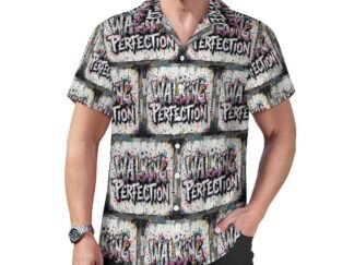 "Walking Perfection" all-over printed Men`s Cuban Collar Shirt in gray background with white letters with bold black outlines and pink and dark gray shading in a graffiti style