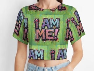 "I Am Me!" Women`s Short T-Shirt with an all-over print in graffiti style in green background with muted blue and pink letters with bold black outlines