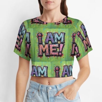 "I Am Me!" Women`s Short T-Shirt with an all-over print in graffiti style in green background with muted blue and pink letters with bold black outlines