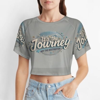 "It`s the Journey, not the Destination" Women`s Short T-Shirt with an all-over print in gray background with white and black text on a globe