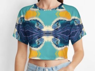 "Surfer" 1 Women`s Short T-Shirt with an all-over print of a double-flipped image of a surfer with aqua and yellow background, with the surfer going left and right both right way up and upside down