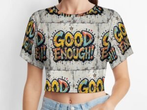 "Good Enough!" Women`s Short T-Shirt in light gray background with green, yellow, pink and blue capital letters with bold black outlines in a graffiti style