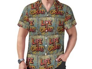 Life Is Great! all-over print in graffiti style Men`s Cuban Collar Shirt in greenish gray background with yellow and muted red letters with bold black outlines in a graffiti style