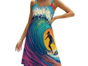 "Surfer" 2 Women`s Beach Dress with an all-over print of a surfer with aqua, red, violet and yellow background