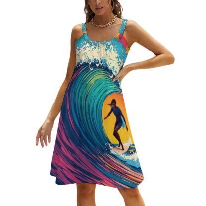 "Surfer" 2 Women`s Beach Dress with an all-over print of a surfer with aqua, red, violet and yellow background