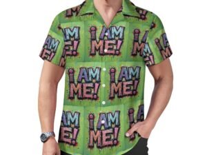 "I Am Me!" all-over print in graffiti style Men`s Cuban Collar Shirt in green background with muted blue and pink letters with bold black outlines