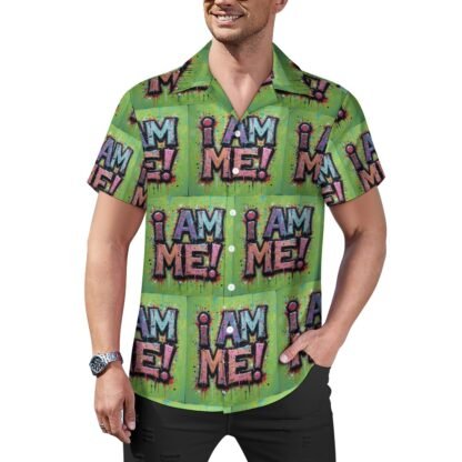 "I Am Me!" all-over print in graffiti style Men`s Cuban Collar Shirt in green background with muted blue and pink letters with bold black outlines