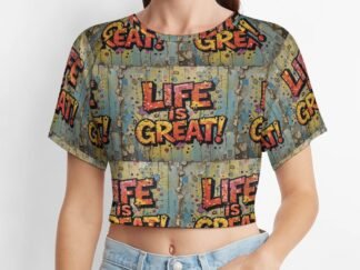 "Life Is Great!" all-over printed Women`s Short T-Shirt in greenish gray background with yellow and muted red letters with bold black outlines in a graffiti style