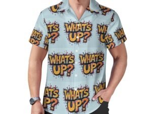 What`s Up?2 all-over print in graffiti style Men`s Cuban Collar Shirt in pale blue background with yellow/orange letters with bold black outlines